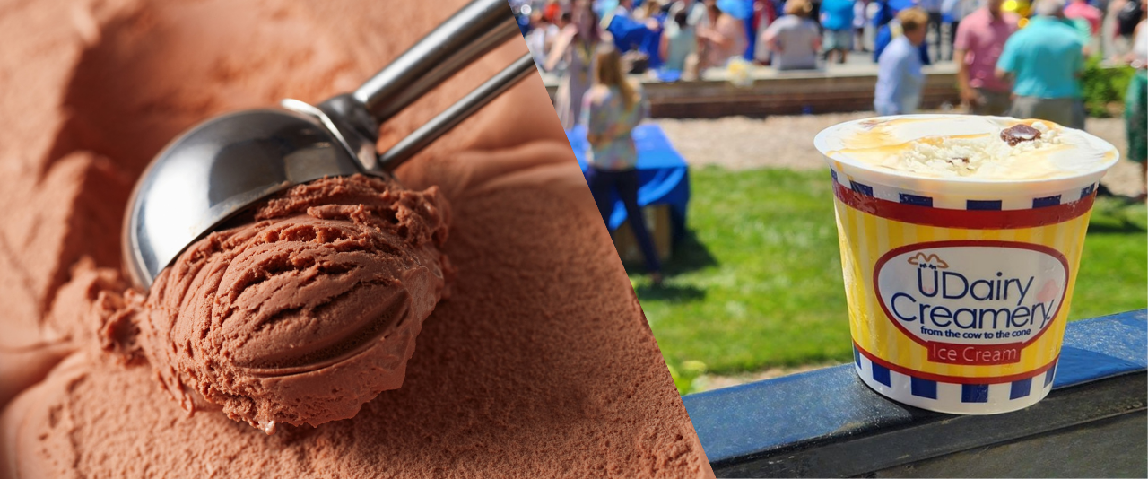 A person scooping chocolate ice cream for an event.