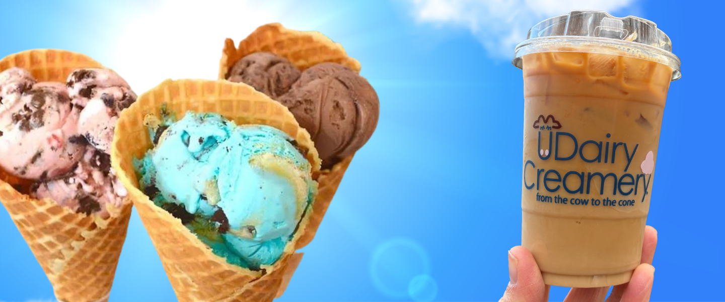 Scoops of three ice cream flavors against a backdrop of a spring sky.