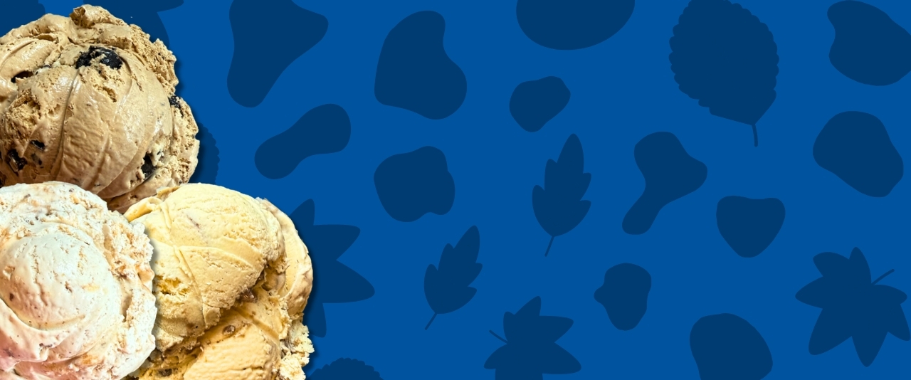 Scoops of three fall ice cream flavors against a backdrop of cow print and falling leaves.