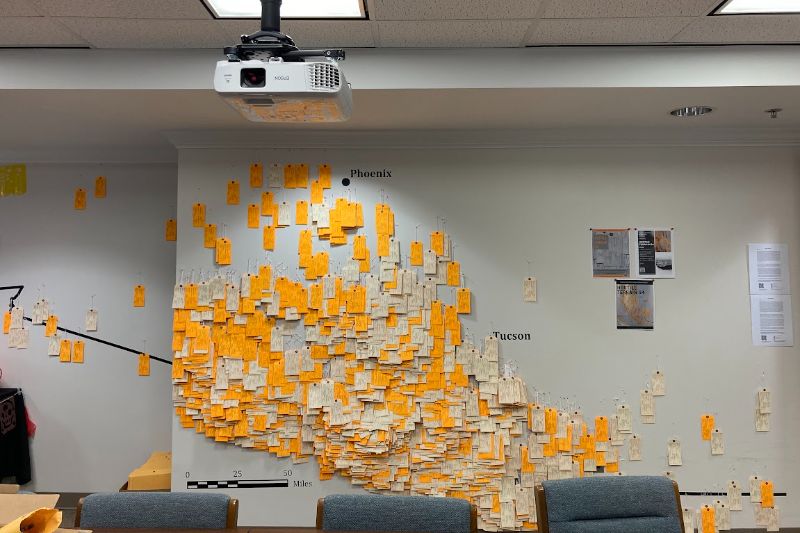 Hostile Terrain 94 project wall of post-it notes