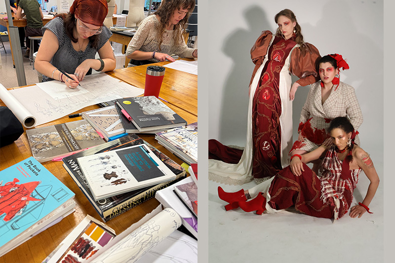 Fashion design students sketch garments at a worktable beside a studio portrait of three models wearing red and brown student-designed looks.