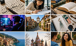Collage of  thumbnail images showing a variety of global and cultural fields, students writing and countries