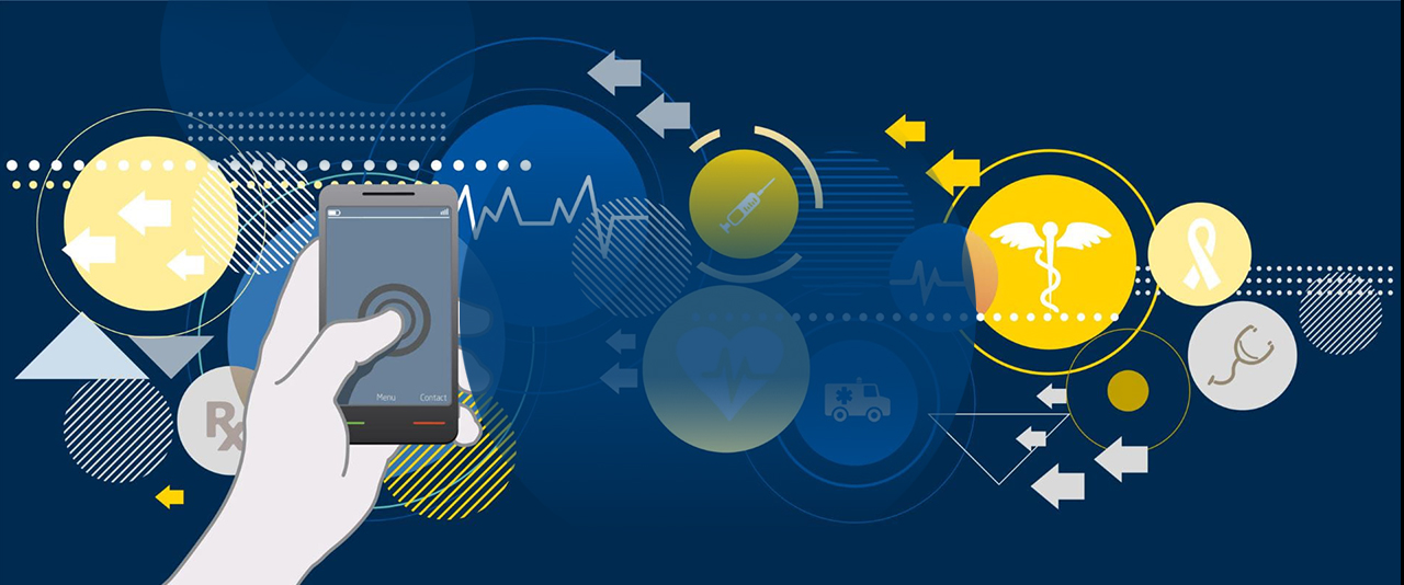 A collage of blue and yellow circles on a blue background with symbols of an echocardiograph, syringe, caduceus, stethoscope and ambulance with a person's hand holding a cell phone over the illustration.
