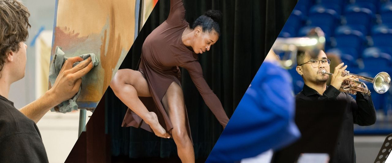 Three photos depicting types of art at the University of Delaware showcasing painting, dancing and music