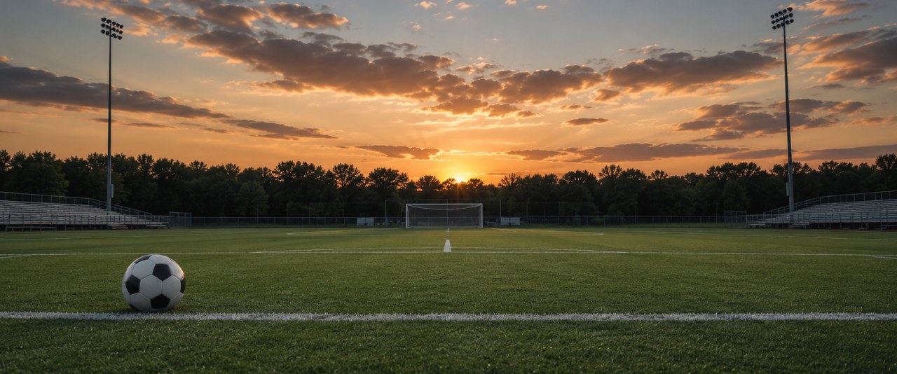Soccer field showing green grass, a soccer ball, and goals.