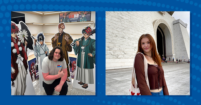 Two images on blue background of a college student posing with life-size cutouts of Japanese animation characters and another student visiting a large white temple in China.