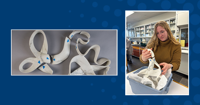 A collage of two images of a fractured marble sculpture and a graduate student in a laboratory working on the piece.