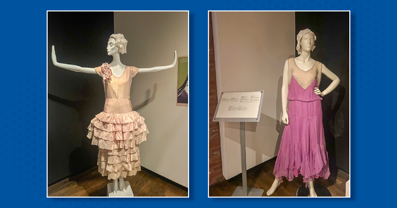 Images of mannequins in a museum gallery wearing 1920s pink dresses