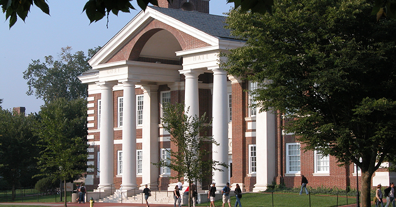 The front of Gore Hall on the University of Delaware campus.