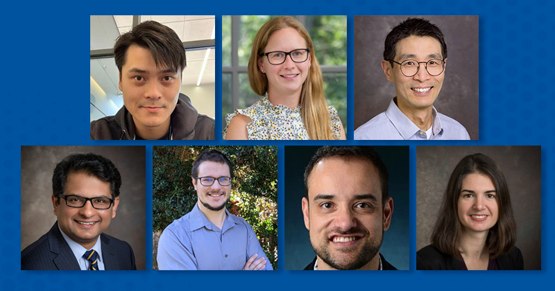 Collage of headshots on blue blackground of Biological Sciences Faculty