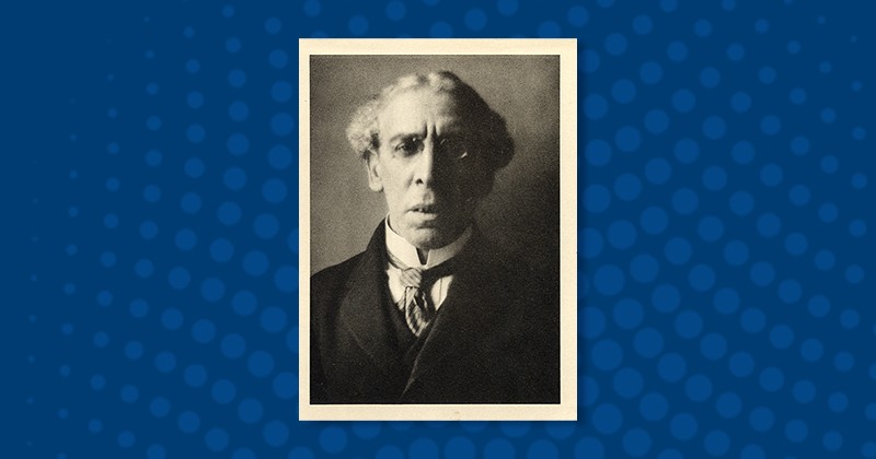 Black and white portrait of Israel Zangwill on blue background