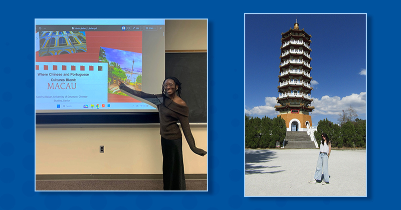 A collage of University of Delaware student images on blue background: Sabrina Ballah delivers a presentation with slides inside a classroom and Riley Gates in front of a historic tower in Nepal.