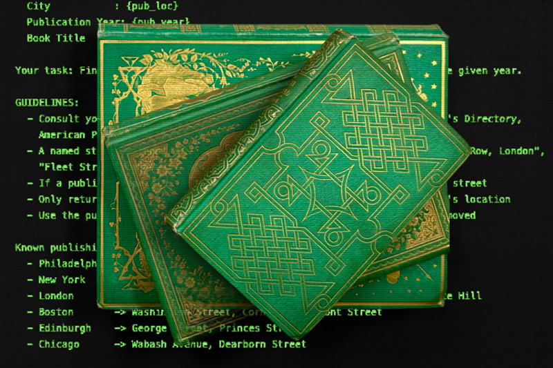 Green victorian books atop a graphic of green code on a black screen