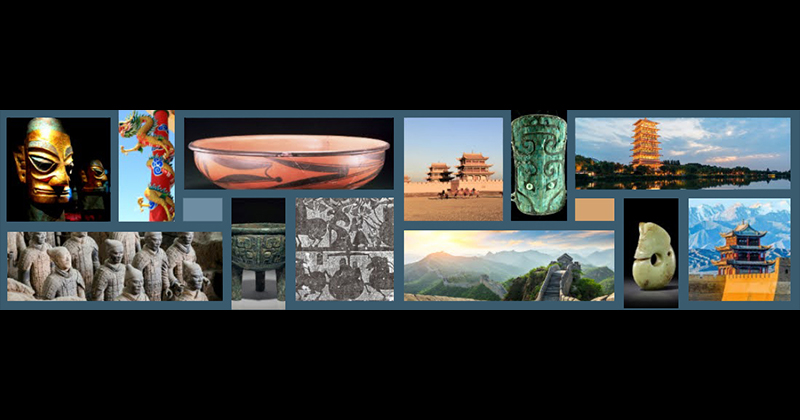 A collage of ancient Chinese art works, artifacts and architecture.
