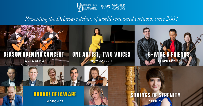 Collage of musician publicity photos with the show titles and dates in white and the University of Delaware logo and Master Players logo in white.