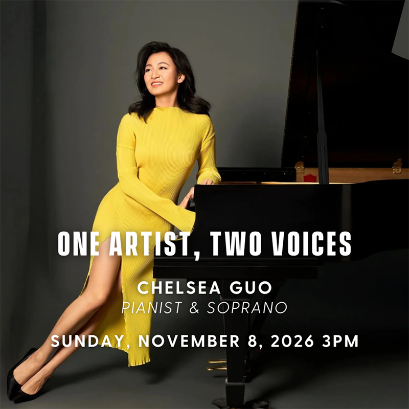 Publicity image of Chelsea Guo sitting next to grand piano with white text: 