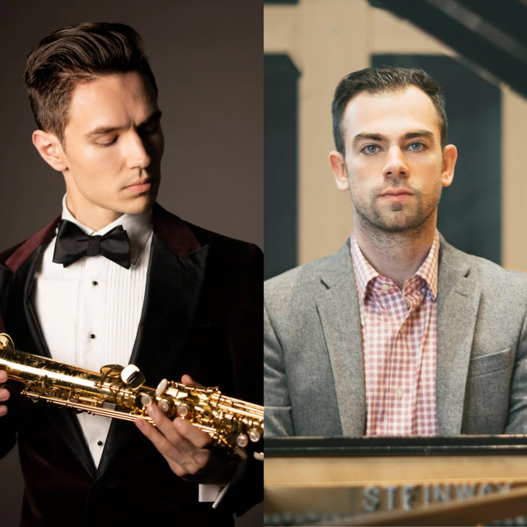 Publicity images of two musicians holding their instruments