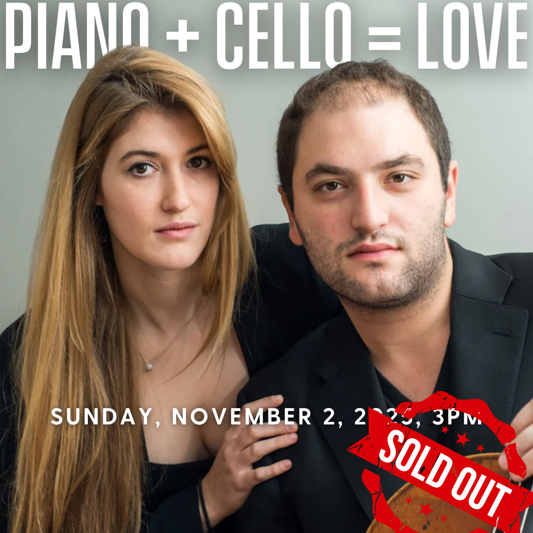 Publicity image of Marika Bournaki and Julian Schwarz, who is holding a cello.
