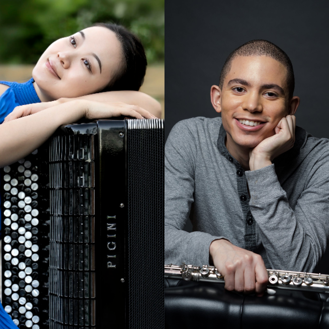 Publicity images of Hanzhi Wang and Anthony Trionfo with their musical instruments