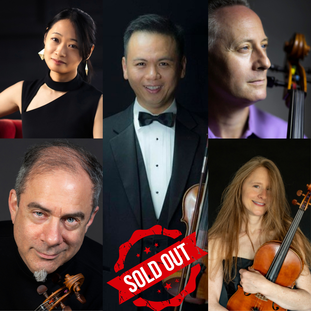 Publicity images of Sean Gao, James Stern, Sheila Browne, Lawrence Stomberg, and Futaba Niekawa, with red 