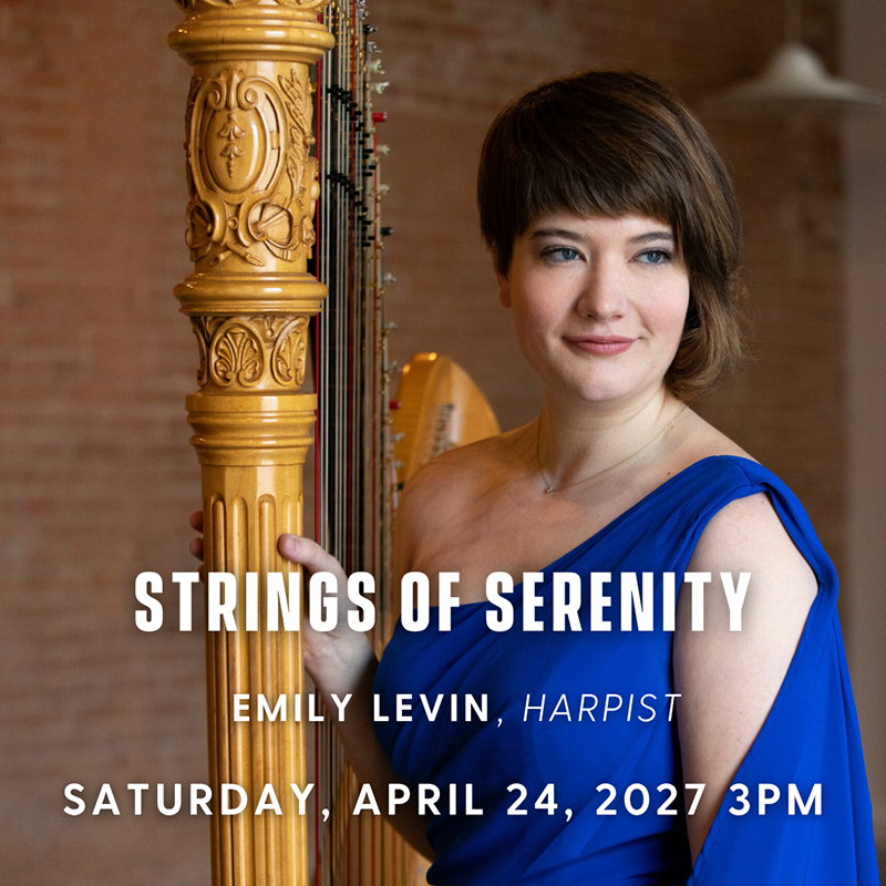 Publicity image of Emily Levin with white text: 