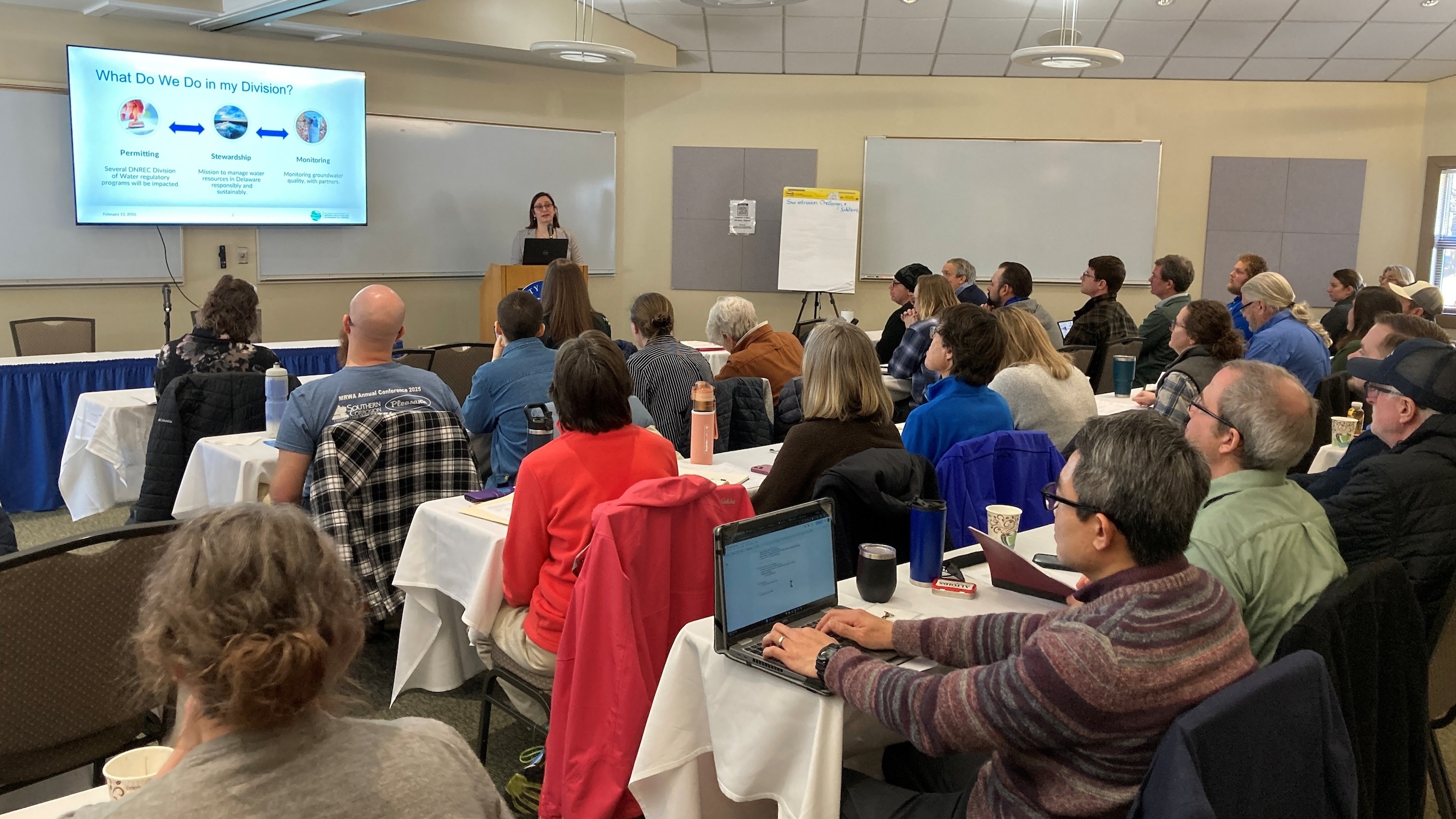 Discussion at a recent Saltwater Intrusion Knowledge and Question Exchange workshop held at the Virden Conference Center on the University of Delaware’s Hugh R. Sharp Campus in Lewes. 
