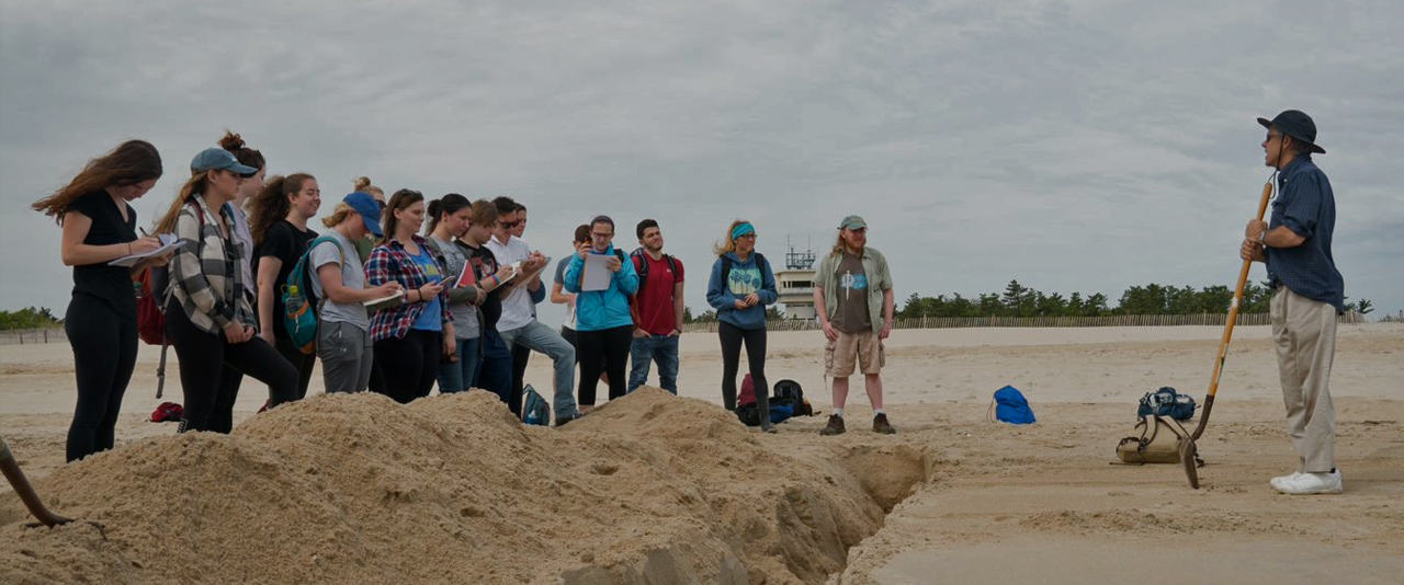 Earth Sciences class studying in the field Dept. of Earth Sciences, Professor James Pizzuto, class field trip experience to Cape Henlopen, Delaware
