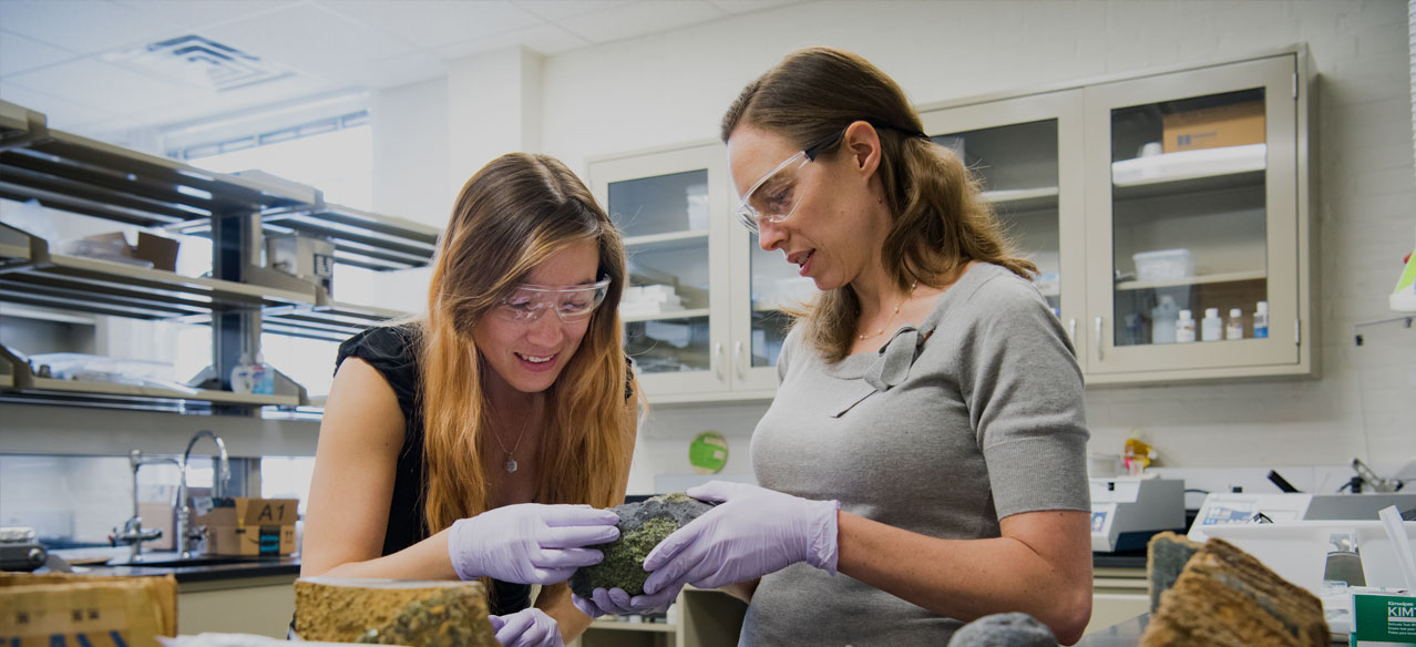 Geological Sciences Professor and graduate student in lab at Penny Hall researching behavior of the Earth's mantle.