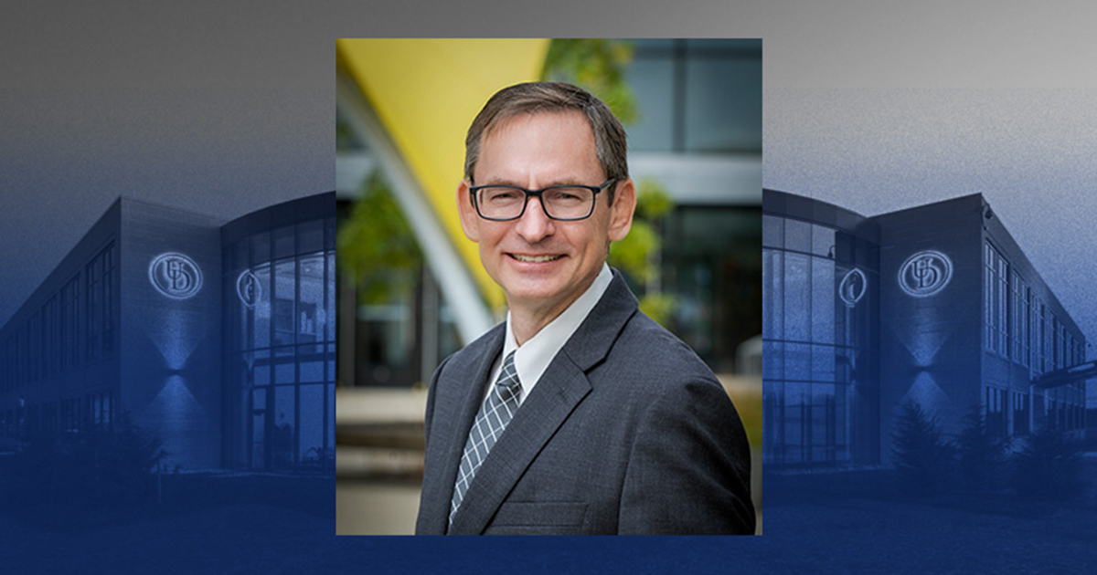 A graphic illustration that includes a headshot of College of Health Sciences Dean Bill Farquhar centered with a shadow of the STAR Campus behind him. 