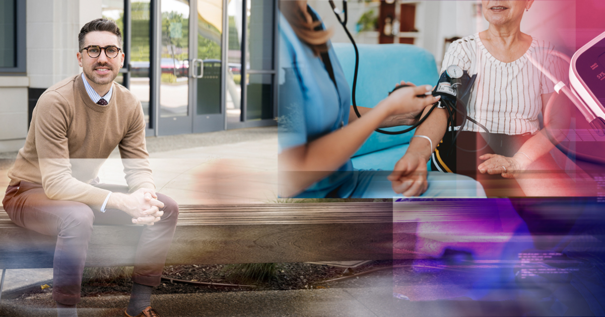 An illustration showing Daniel Harris, assistant professor of epidemiology wearing tan pants and a tan sweater while seated with doors behind him on the left. The image is interlaced with an aging adult getting her blood pressure taken. 