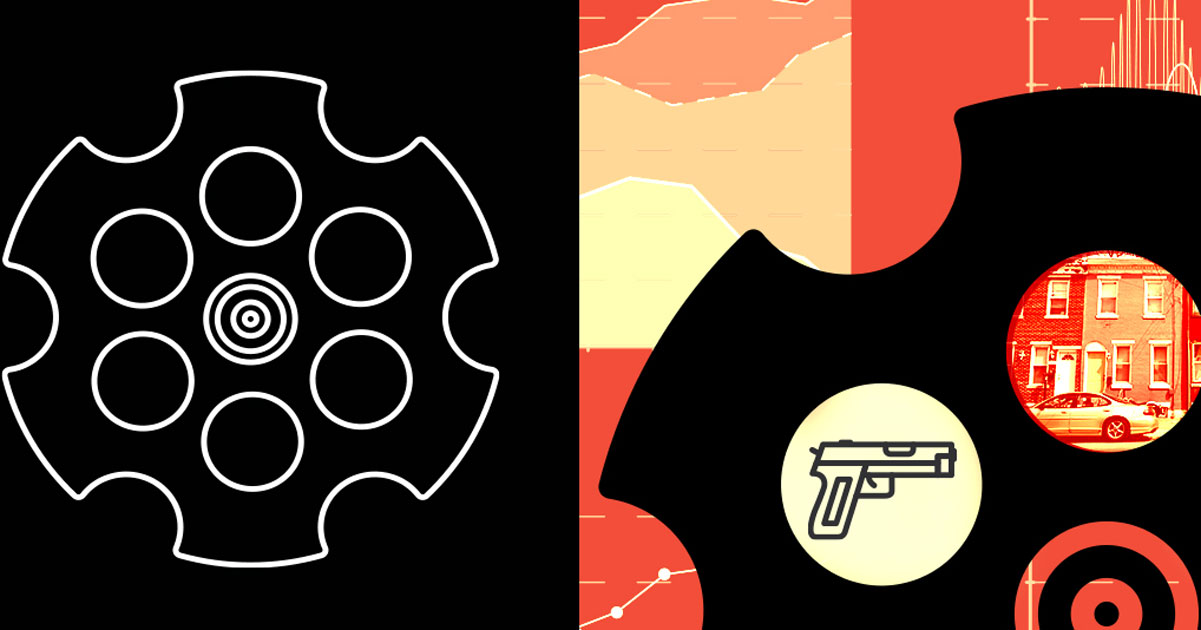 A graphic image of a the revolver chamber of a gun in black on the left followed by a closer up image of a revolver with an orange overlay. Each circle within the revolver shows different images, including a gun, an inner-city environment, and target, 