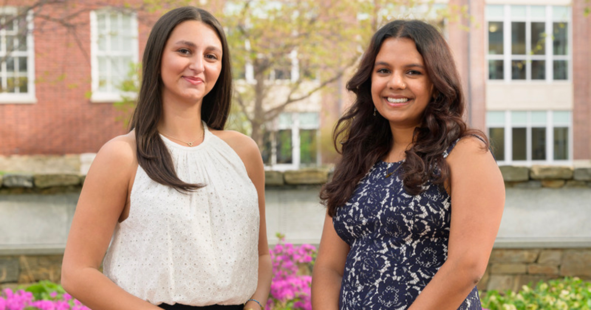Seniors Ellery Bergman Chudnow (left) and Nivedita Prabhu are honored by the University of Delaware Alumni Association for their high achievements. Here they stand together outside on UD's campus. 