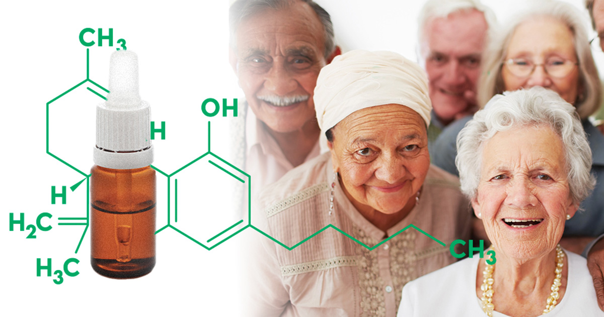 An illustration that shows older adults along with the chemical compound for CBD and an unlabeled medical dropper bottle symbolzing cannabidiol 