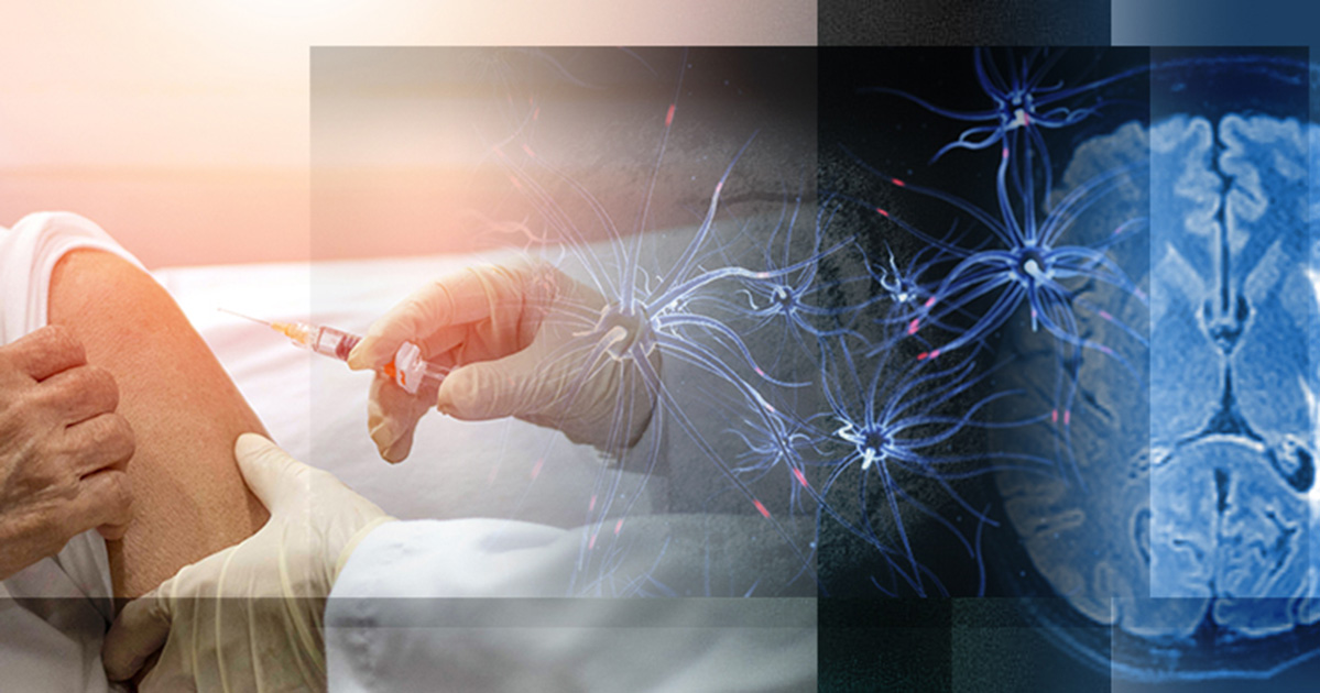 A photo composite of someone getting a vaccine in their arm mixed with brain waves.