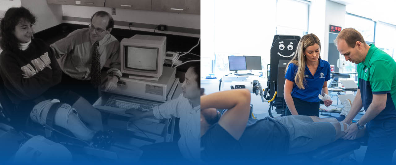 Historic photo of PT research on the left with a current PT clinic photo on the right