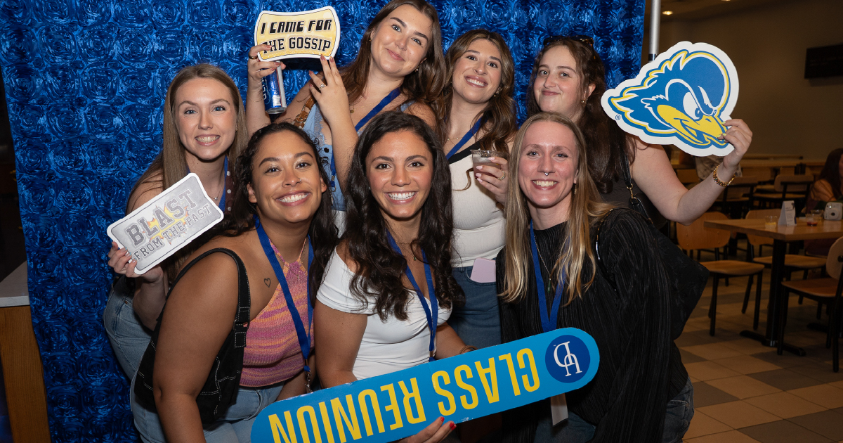 A group of alumnae celebrating their class reunion at Alumni Weekend. 