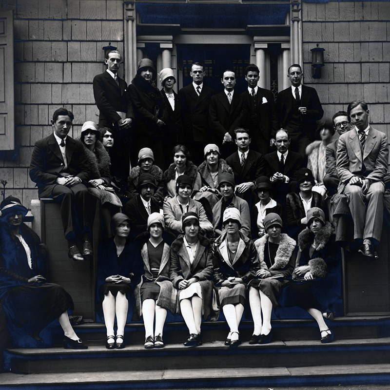 A black and white historic image of a group of study abroad participants. 