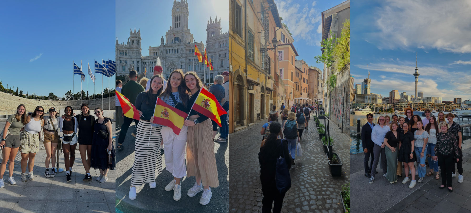 A collage of four images from each of the current study abroad locations available to World Scholars. Athens, Madrid, Rome, and Auckland. 