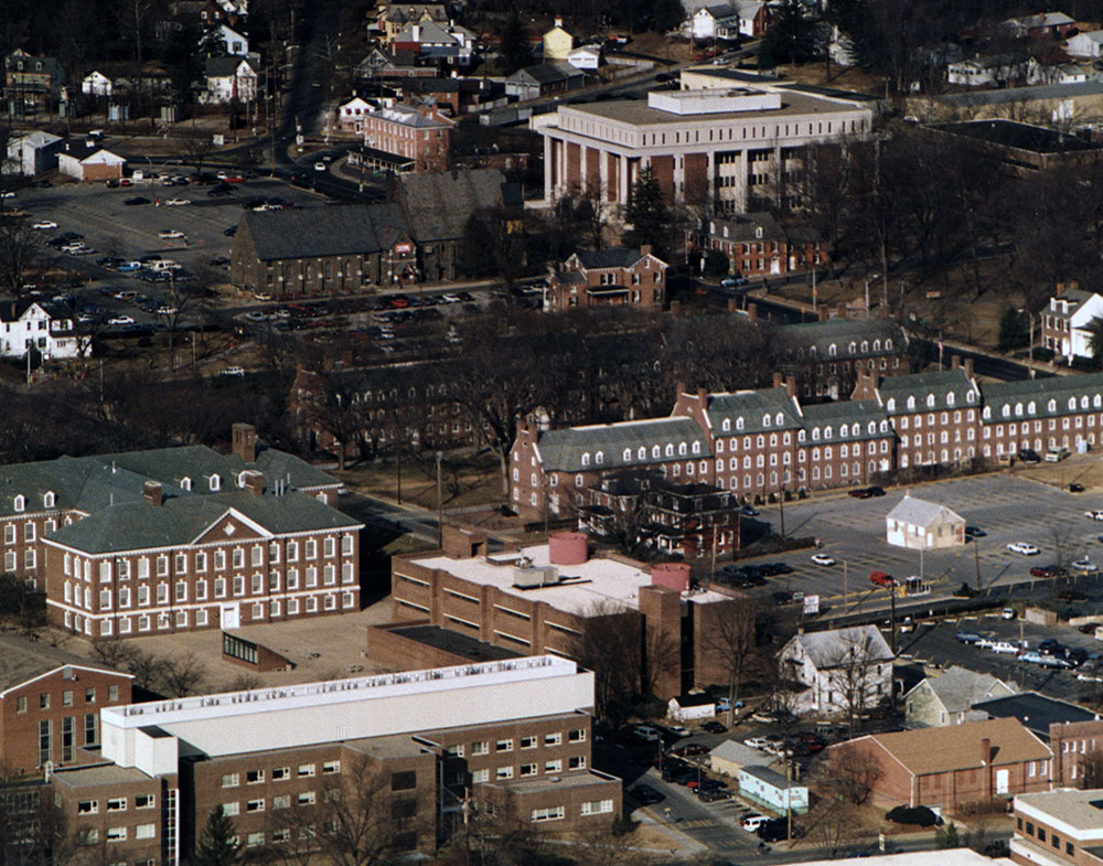 A historic aerial image of the UD campus