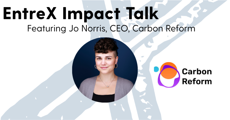 Photo of Jo Norris next to the Carbon Reform logo