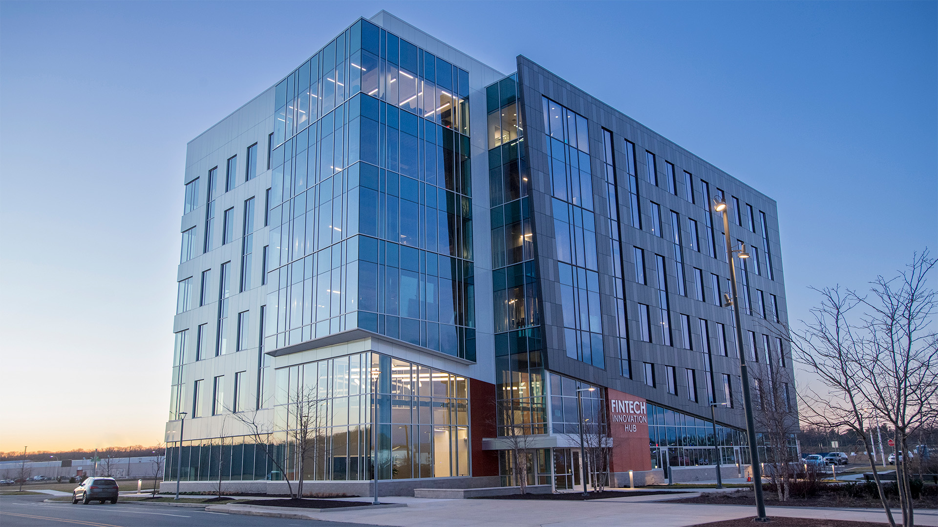 Fintech Building Exterior at Dusk.