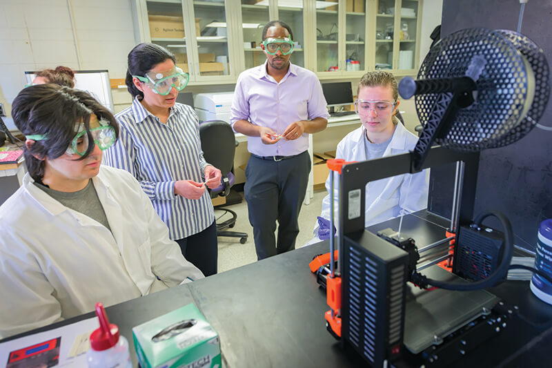 Students work with professors Sheldon Hewlett and Ioanna Fampiou.