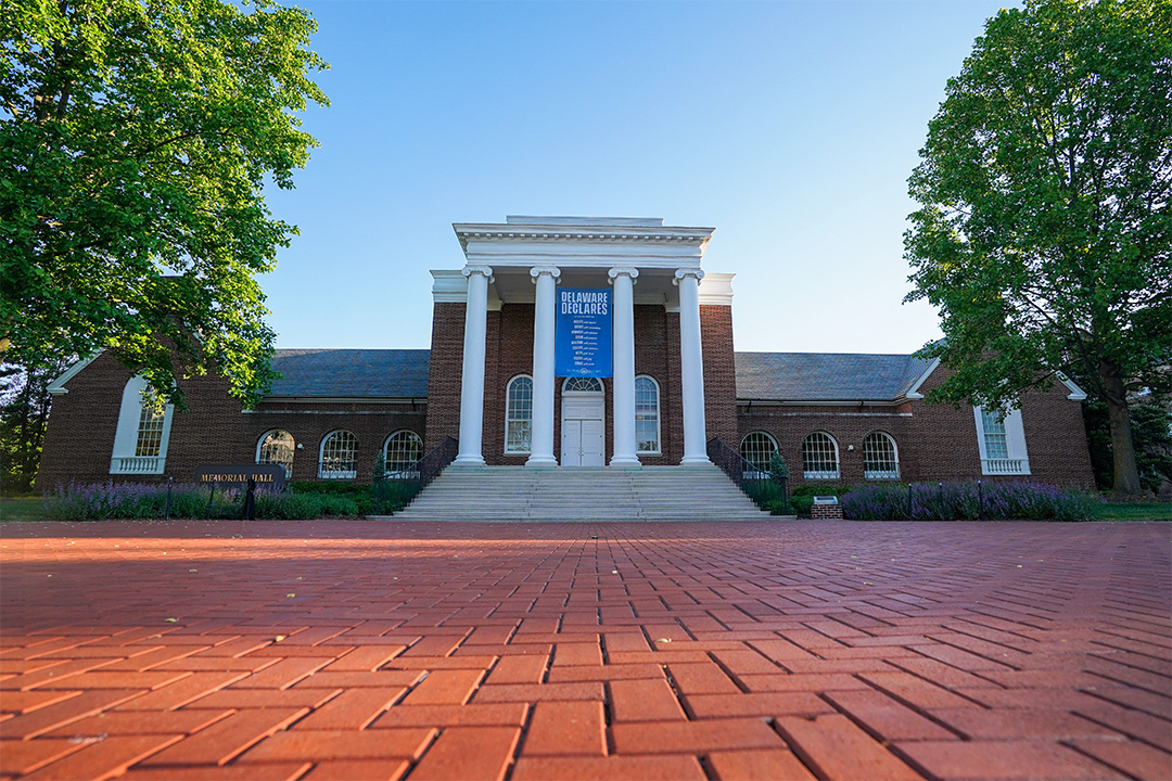 Still image of Memorial Hall with "Delaware Declares" Banner on display.