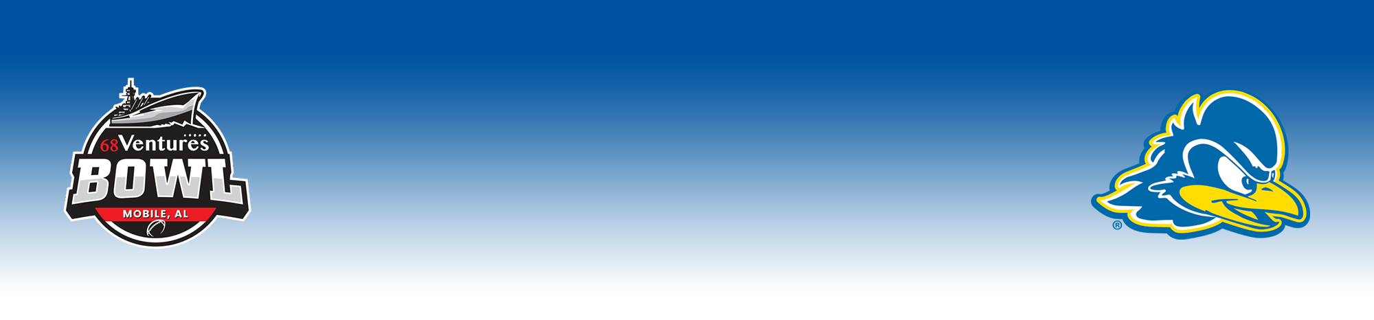 Hero image featuring a blue gradient and logos from UD Athletics and the 68 Ventures Bowl game.