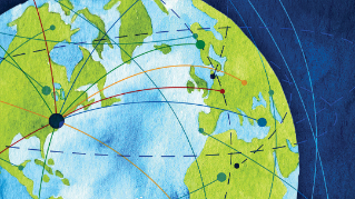 Illustrated globe with travel lines all around it.