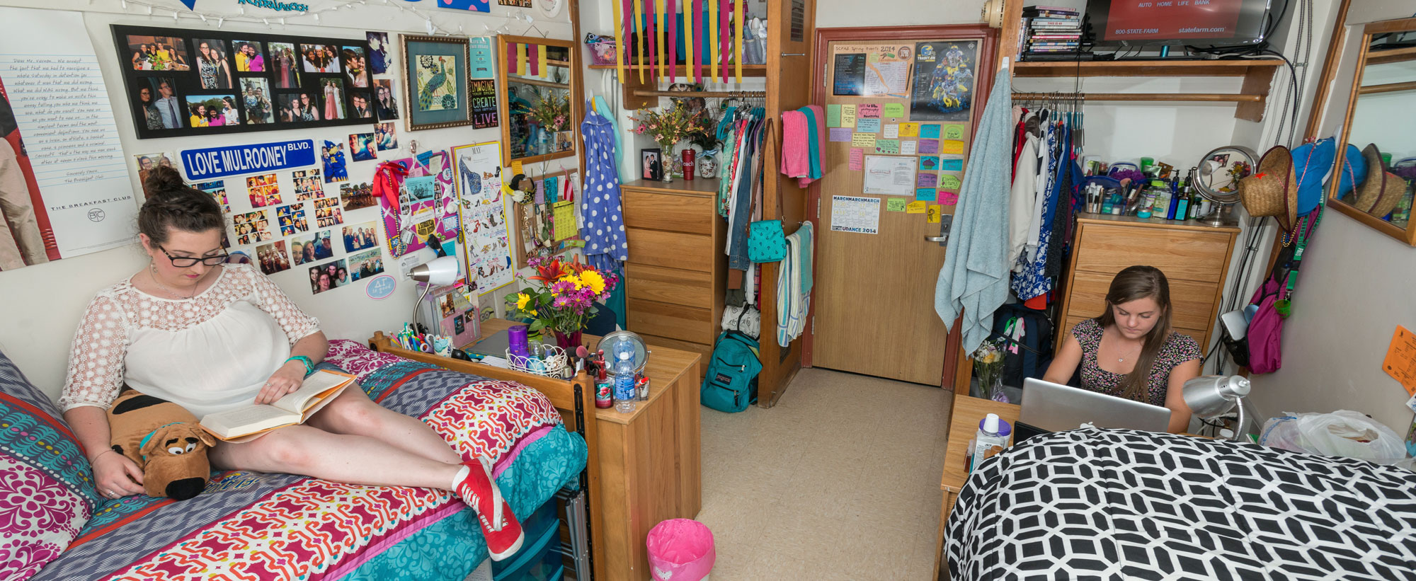 Students studying in a decorated dorm room