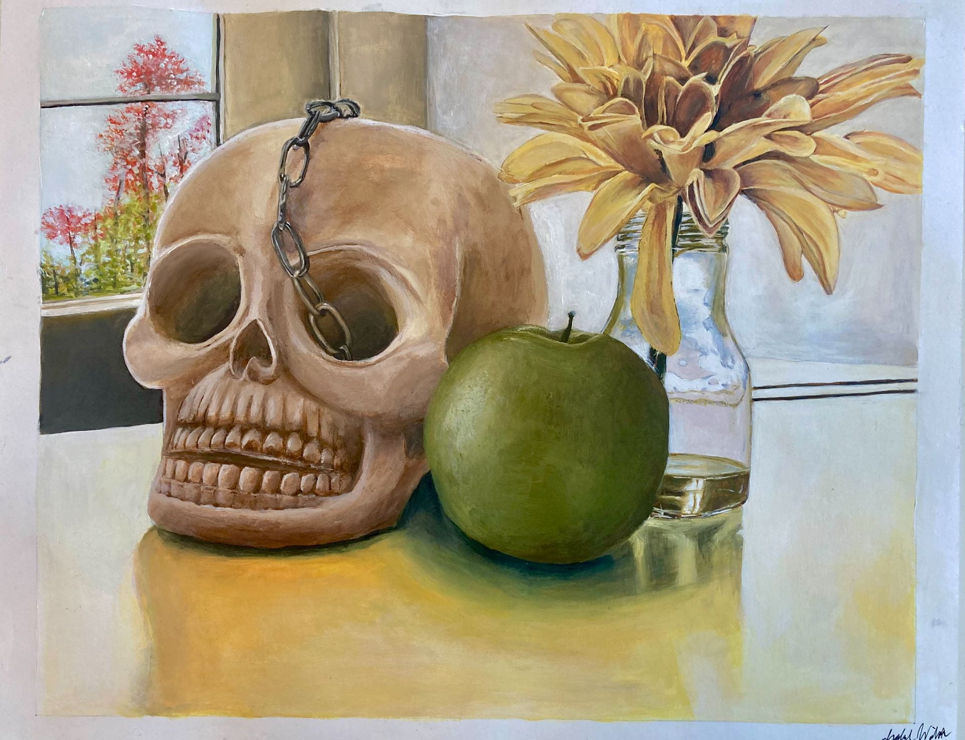 Still life painting of a skull with chain, green apple, and clear vase with yellow flowers