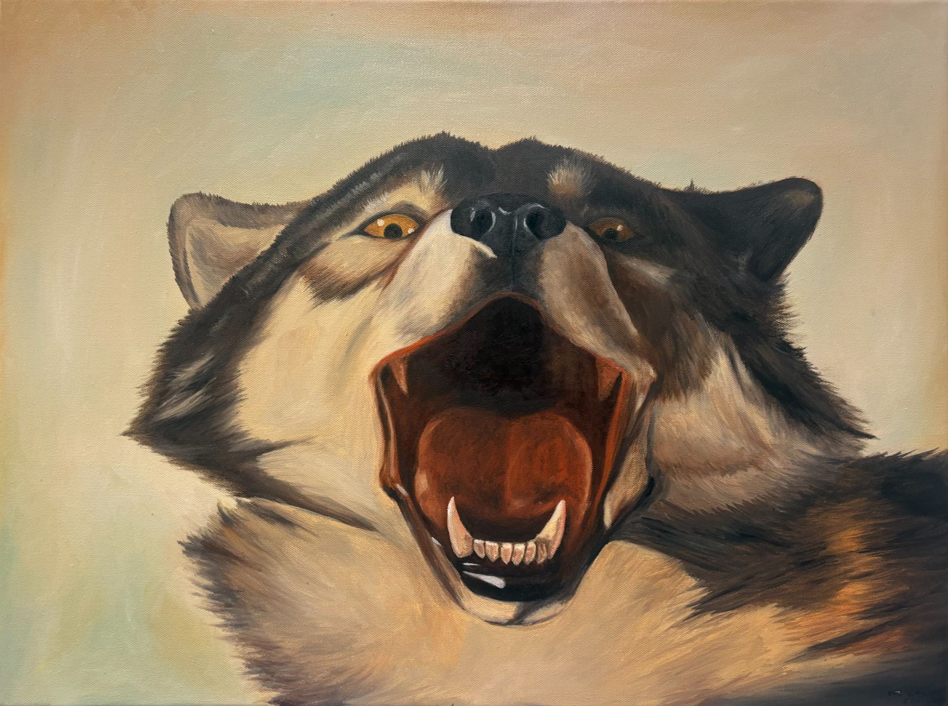 Oil painting of black and white wolf staring forward with mouth open and lower jaw showing
