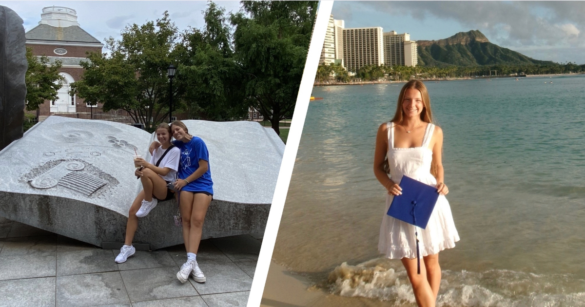 A photo of Meghan O'Mara from freshman year on the let and a senior portrait in Hawaii on the right