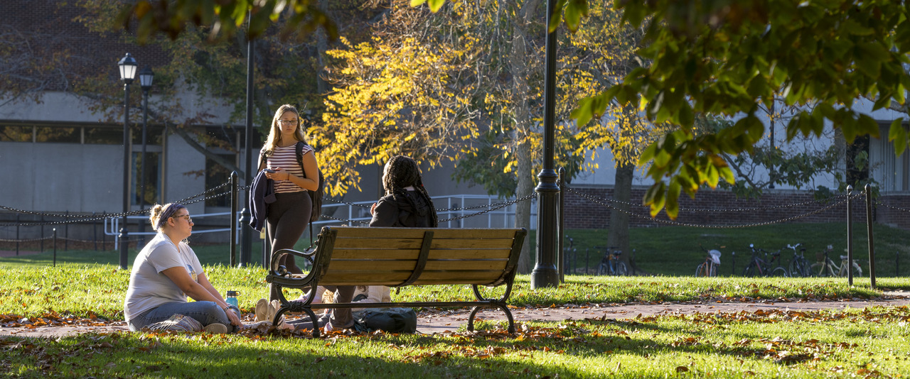 Students gathered together near a bench on the South Green